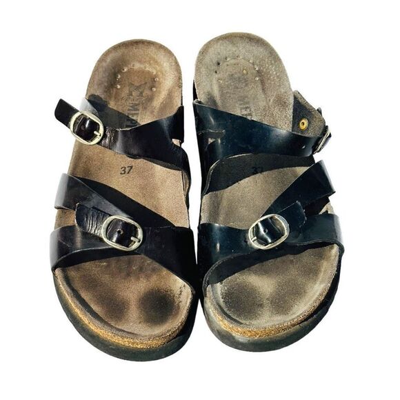 Mephisto Womens Sandals Cork Footbed Double Strap Buckle Slip On Black Size 37 / - Picture 1 of 5